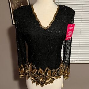 Vintage Laurence Kazar black gold sequins beaded top NWT Size large